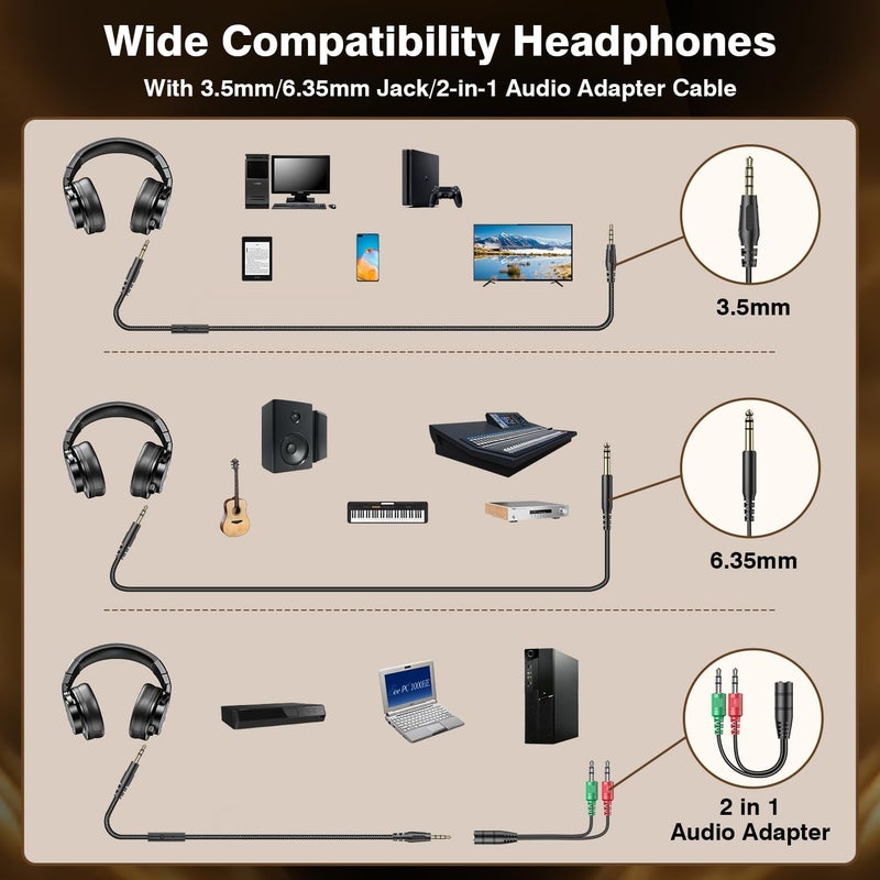 New Bee Wired Over Ear Headphones, Studio Headphones with 50mm Drivers and 6.35mm & 3.5mm Jack DJ Headphones for Studio Monitor & Mixing DJ Guitar AMP Podcast Piano Keyboard - Image 4